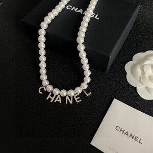 Chanel Pearl Necklace with Letter Logo CHANEL Silver-Tone Fashion Jewelry
